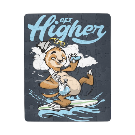 Get Higher Surfer Sloth Puzzle featuring a relaxed sloth on a surfboard with a bong, 48 pieces