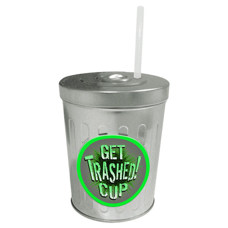 Novelty 30oz Get Trashed Trash Can Drink Cup with straw, front view on white background