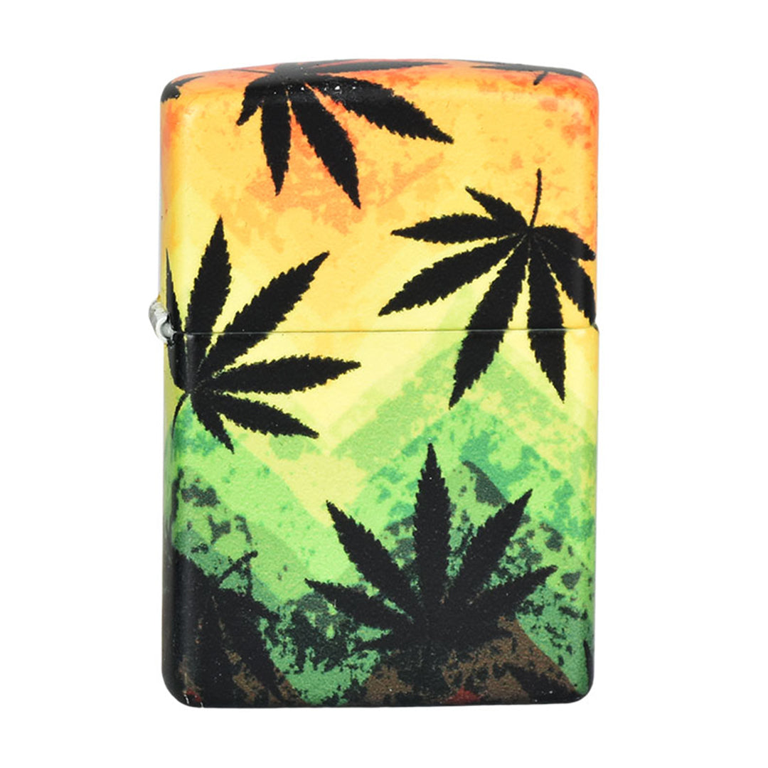 ThreadHeads Zippo Lighter with Rasta Colored Cannabis Leaf Design, Front View