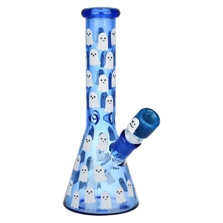 Ghostly Glow Beaker Water Pipe in Blue, 10" Height, 14mm Female Joint, with Glow in the Dark Ghosts