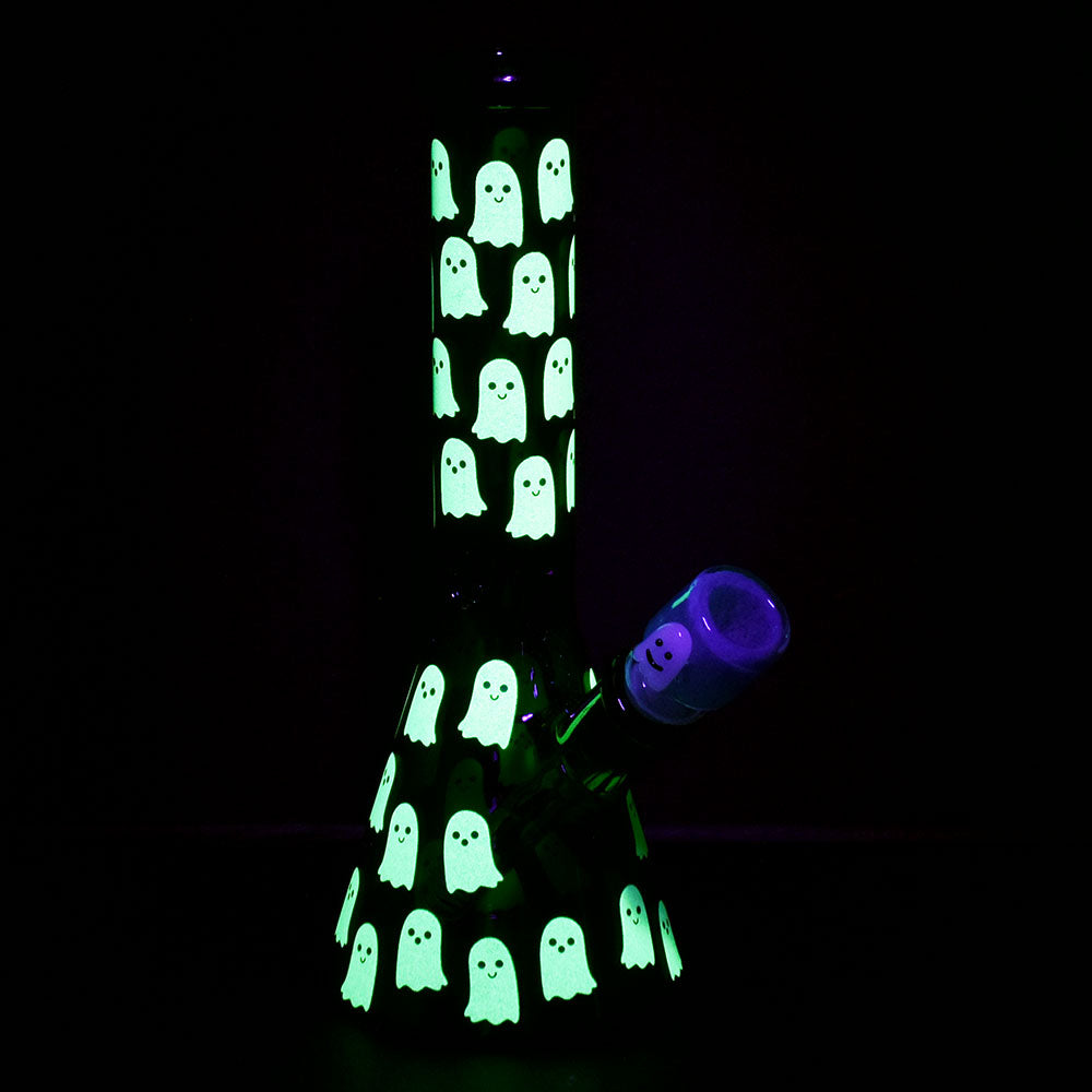 Ghostly Glow Beaker Water Pipe with Glowing Ghosts Design, 10-inch Height, Front View