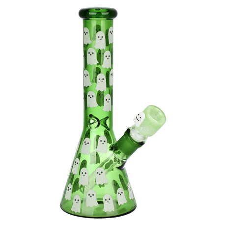 Ghostly Glow Beaker Water Pipe in Green with Ghost Design, 10" Tall, 14mm Female Joint - Front View