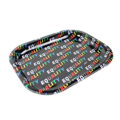 Giddy Glass Equality Rolling Tray, 7.2" x 5.6", small metal with vibrant equality print, top view