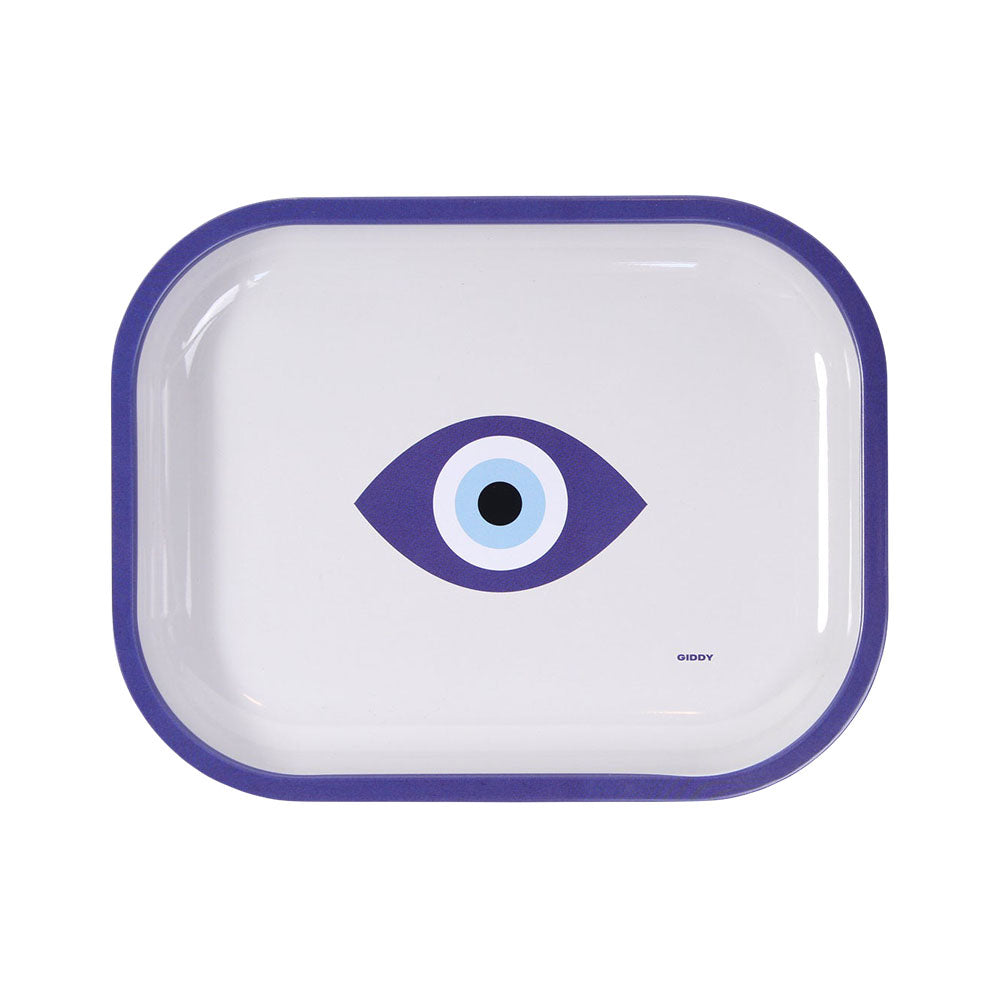 Giddy Glass Evil Eye Rolling Tray, Small Metal, 7.2" x 5.6", Top View on White Background