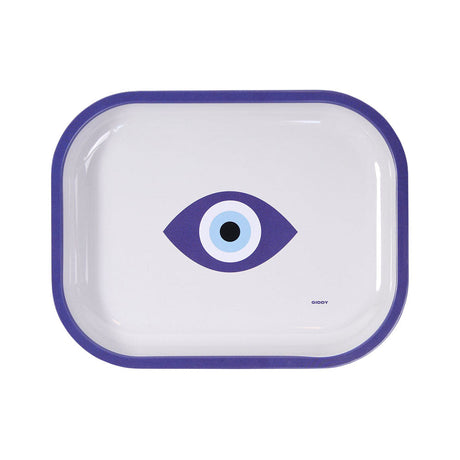 Giddy Glass Evil Eye Rolling Tray, Small Metal, 7.2" x 5.6", Top View on White Background