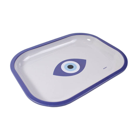 Giddy Glass Evil Eye Rolling Tray, small metal with vibrant eye design, top view on white background