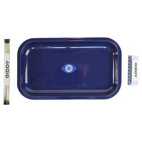 Giddy Glass Rolling Tray Bundle with Eye Design, 10"x6" Size, Hemp Cone & Metal Tray, Top View