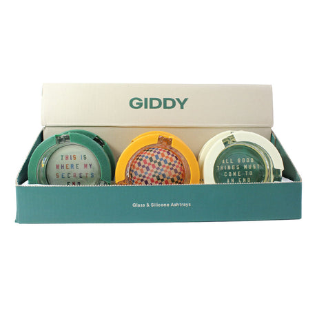 Giddy Glass & Silicone Ashtrays in Display Box, 3" Secrets Series, Front View