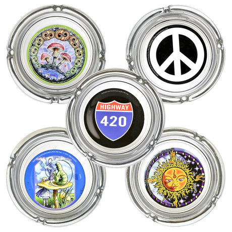 Assorted Glass Ashtrays 12 Pack with vibrant designs, 4" Borosilicate Glass, perfect for rolling accessories
