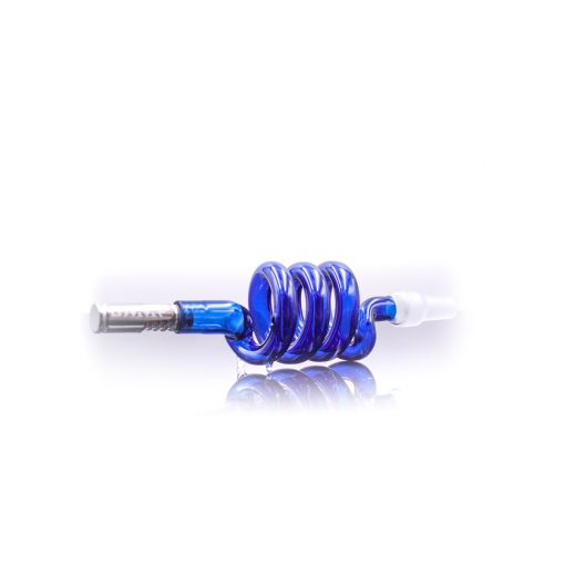 The Stash Shack Glass Coil Cooling Stem for DynaVap, blue spiral design, side view on white background