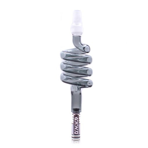 The Stash Shack Glass Coil Cooling Stem for DynaVap, clear design, front view on white background