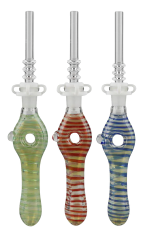Assorted colors glass donut dab straws with quartz tips, front view on white background