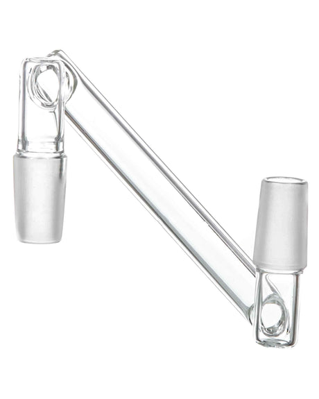 Clear borosilicate glass dropdown adapter for bongs, side view, male to male joint, for dry herbs and concentrates