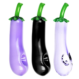 Assorted colors glass eggplant hand pipes with deep bowls for dry herbs, front view
