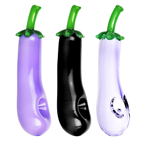Assorted colors glass eggplant hand pipes with deep bowls for dry herbs, front view