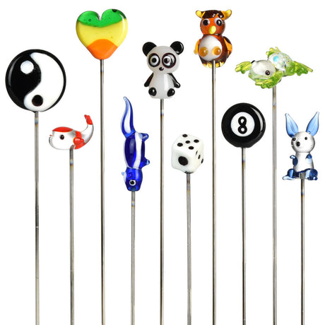 Assorted 5" borosilicate glass hairpins/pokers with various fun designs, front view on white background