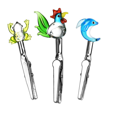 Colorful Glass Memo Clips 50 Pack featuring frog, rooster, and dolphin designs, compact 3" size