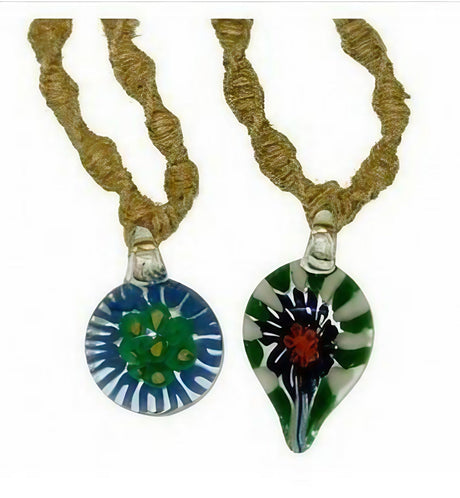 Borosilicate glass pendants on hemp necklaces, one round and one teardrop-shaped, front view