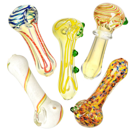 Assorted borosilicate glass spoon pipes in various colors and styles, 3.5"-4" size, 30pc bundle