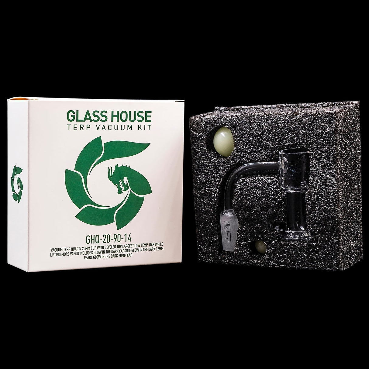 Glasshouse Full Quartz Terp Vacuum Kit with 90 Degree Male Joint, 14mm, front view on black foam