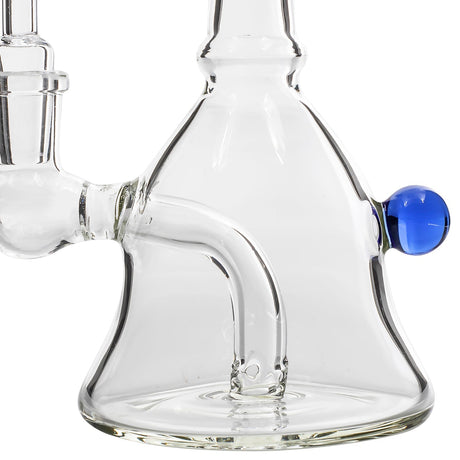 Glassic Bell Rig with blue marble, clear borosilicate glass, side view on seamless white background