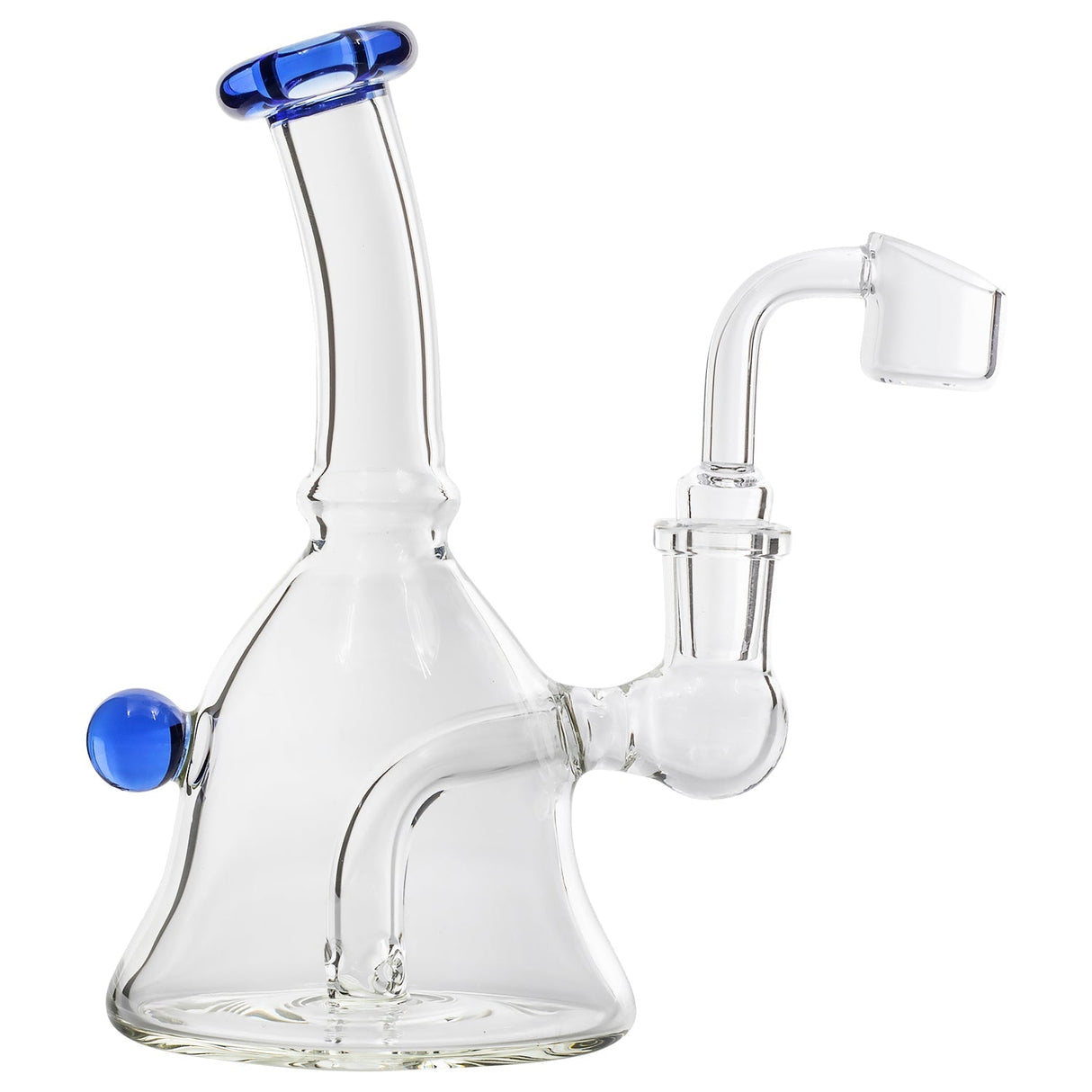Glassic Bell Rig with blue marble, clear body, side view, perfect for concentrates, portable design