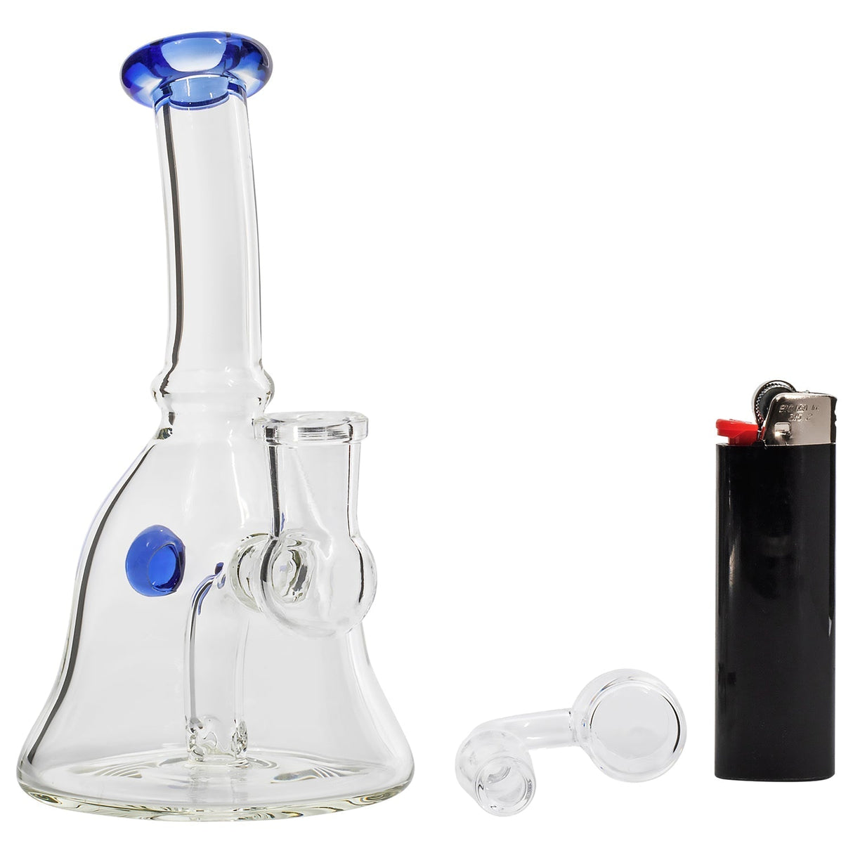 Glassic Bell Rig with blue accents and marble, compact design, side view with lighter and bowl