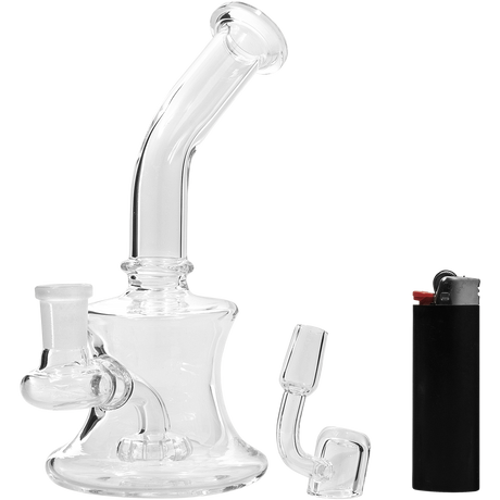 Glassic Bent Neck Travel Size Rig with Banger and Showerhead Percolator beside a lighter for scale