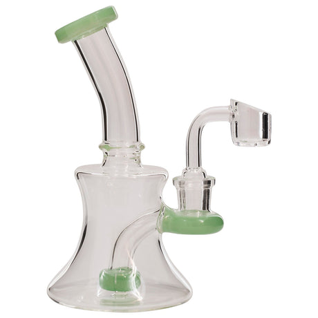 Glassic Hourglass Dab Rig with Jade Accents and Quartz Banger, Front View, 7" Tall