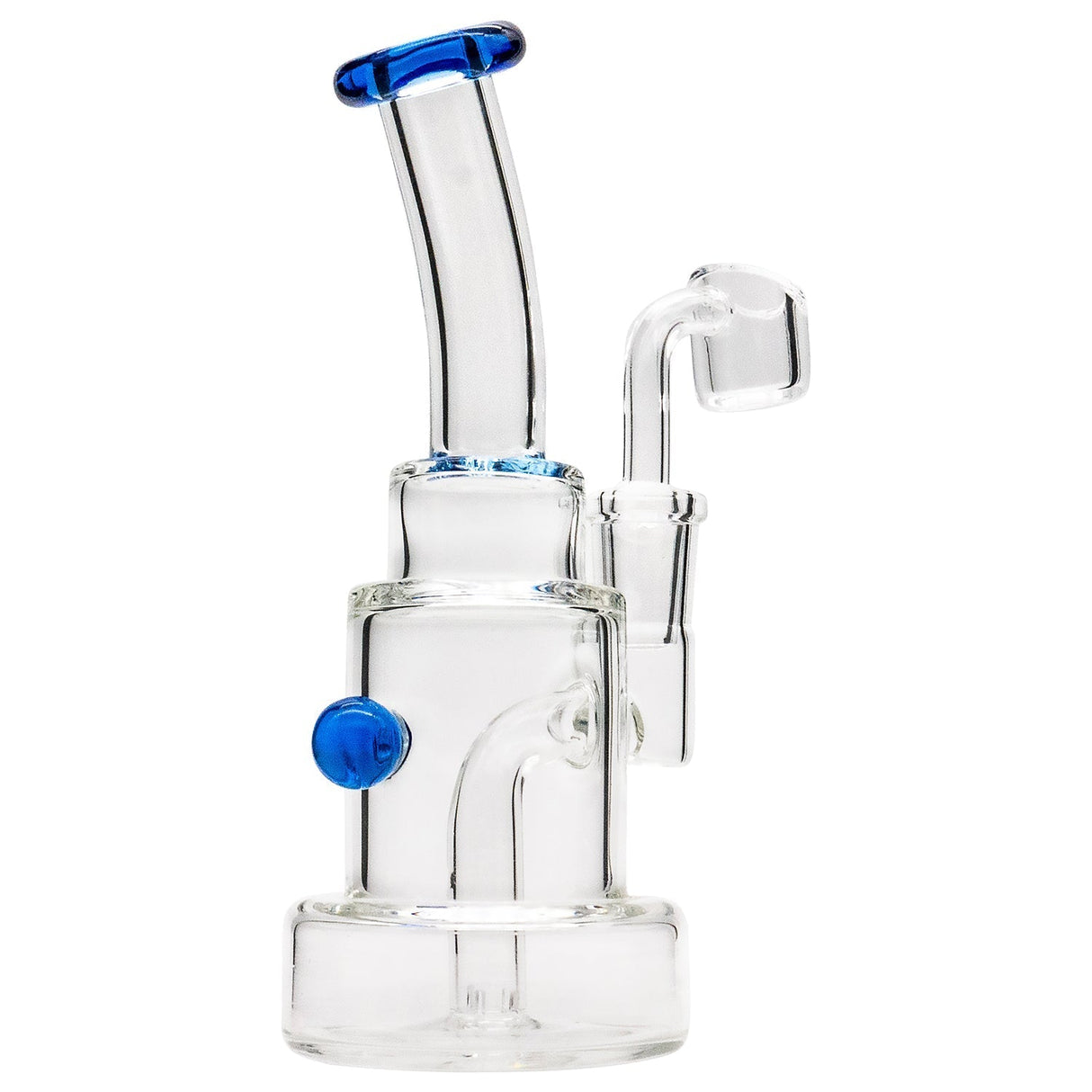 Glassic Stacked-Cake Dab Rig with blue accents and 90 degree banger hanger, front view on white background