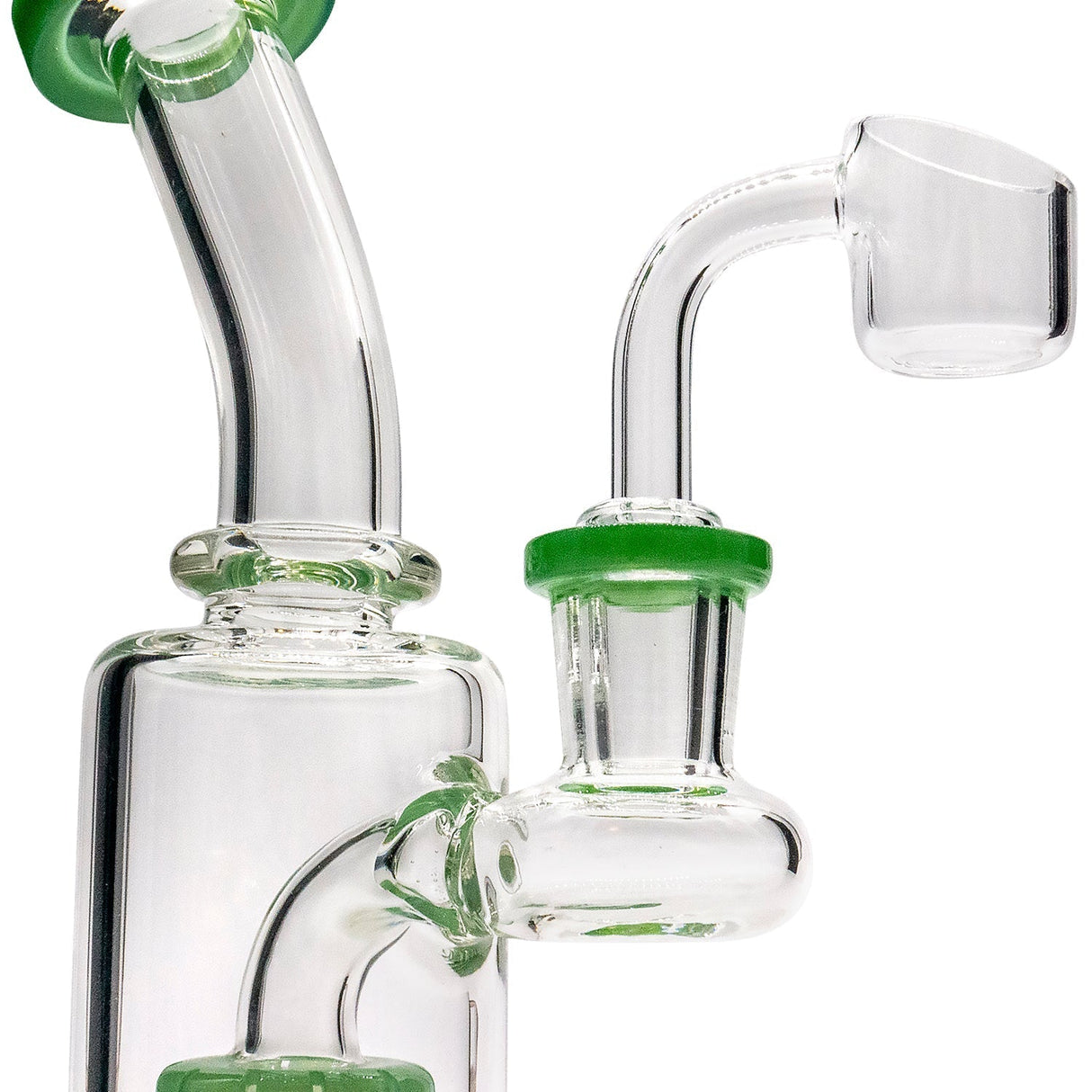 Glassic "Spritz" 6.5" Dab Rig with green shower-head perc, 90 degree joint, side view