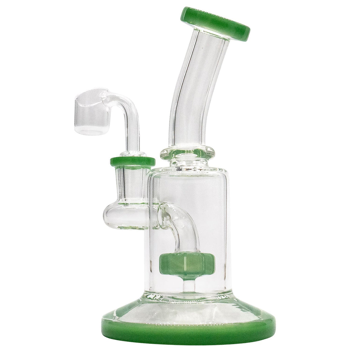 Glassic's "Spritz" 6.5" Dab Rig with green shower-head perc and angled neck on white background