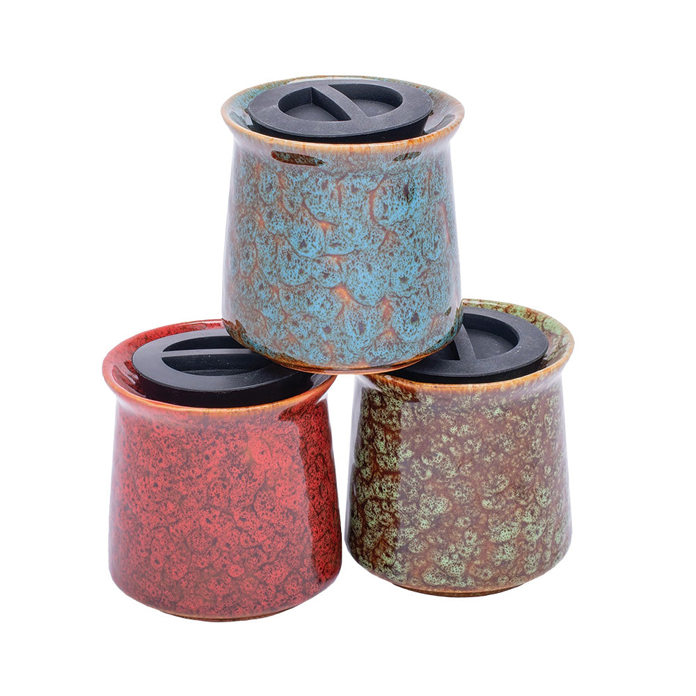 Fujima Glazed Ceramic Stash Jars in Assorted Colors, 3" Size, 6pc Display Set, Angled View