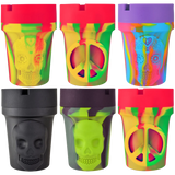 Assorted glow-in-the-dark silicone ashtrays with skull designs, 6 pack, front view