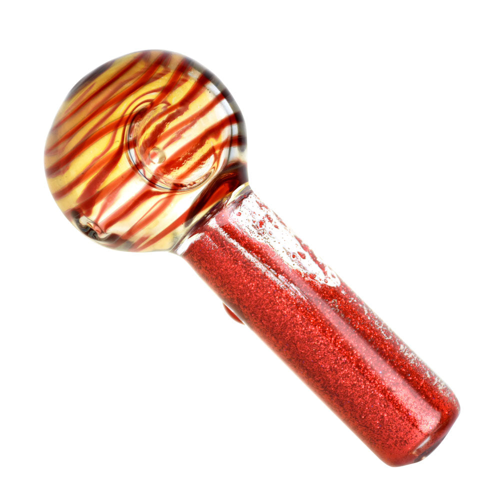 5" Glow in the Dark Freezable Glycerin Spoon Pipe with a red and orange swirl design, top view