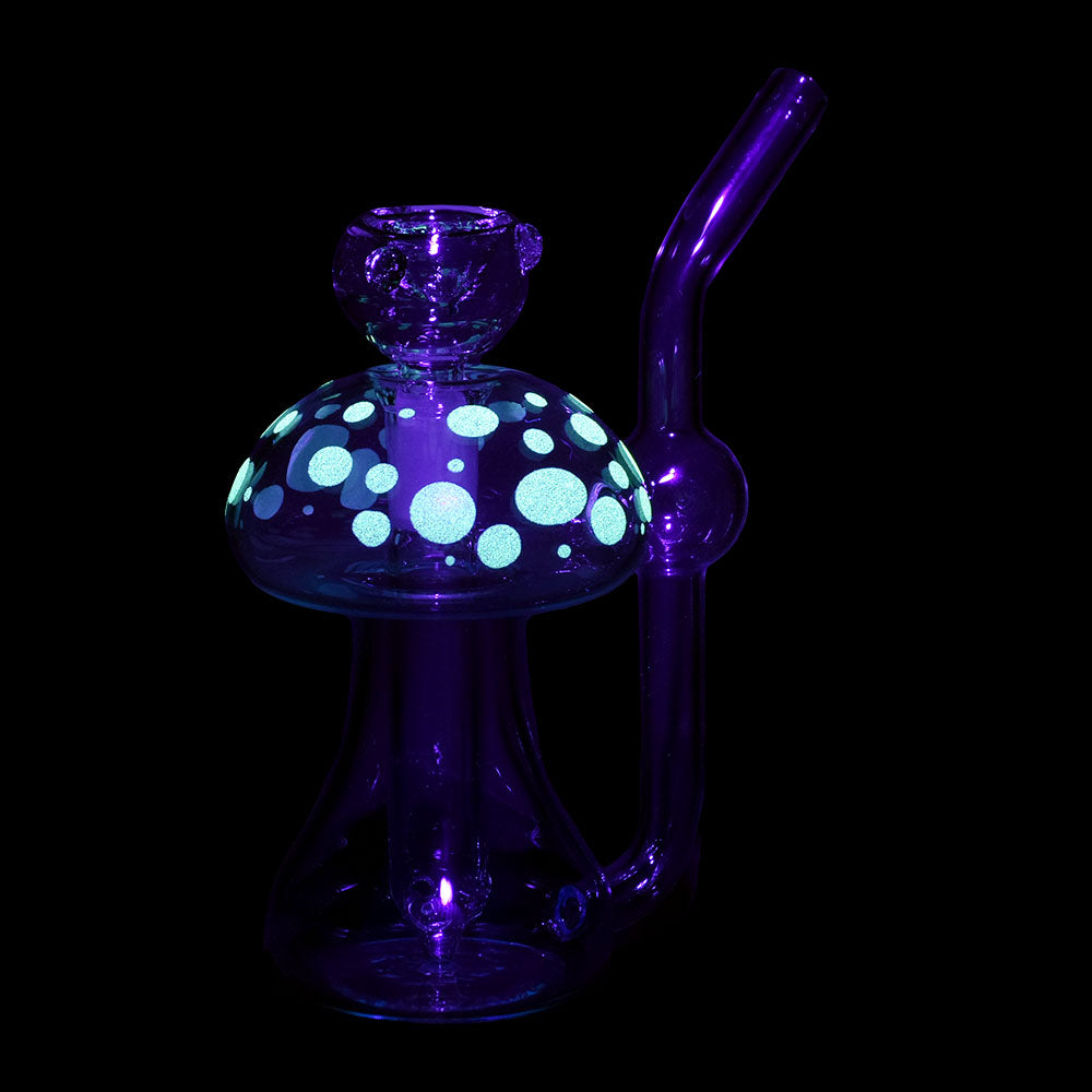 Glow in the Dark Fungi Glass Bubbler, 4.75" tall, 14mm female joint, side view on black background