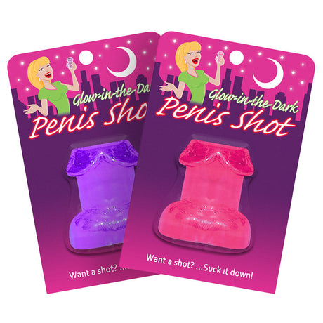 Glow in the Dark Penis Shot Glasses in Purple and Pink, 1.5oz, Front View on Packaging