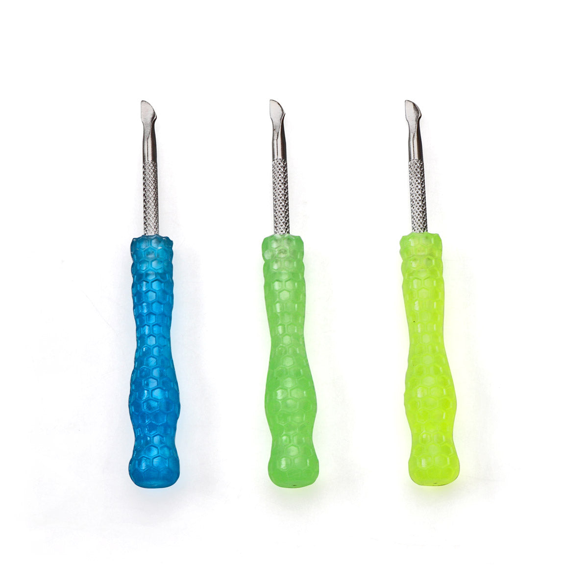 Three Glow in the Dark Resin Handle Dab Tools by The Stash Shack in blue, green, and yellow