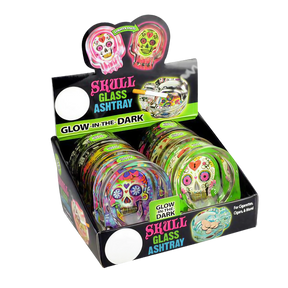 Assorted Glow Sugar Skull Glass Ashtrays in Display Box, Borosilicate, 3"x4"