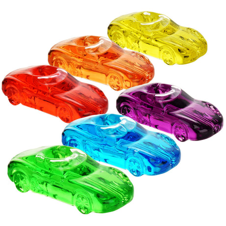 Assorted colorful Glycerin Racecar Hand Pipes, 4-inch, for dry herbs, top view display