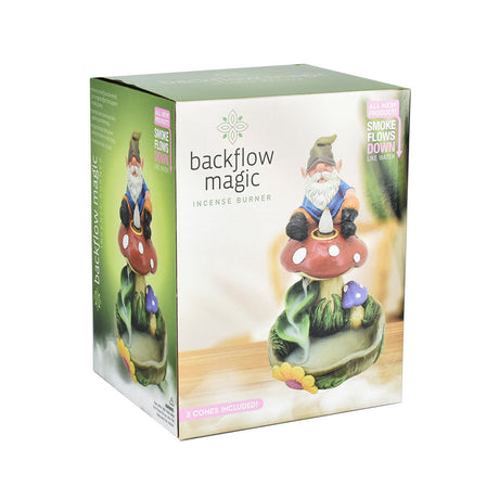 Gnome On A Mushroom Backflow Incense Burner box front view with 'smoke flows down' feature