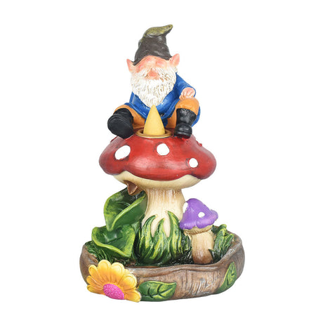Colorful Gnome On A Mushroom Polyresin Backflow Incense Burner, Front View