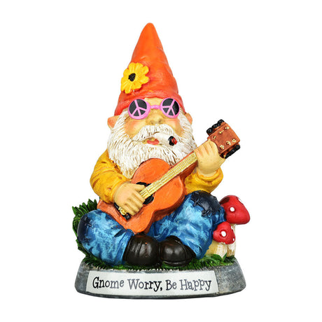 Colorful Gnome Worry Be Happy Resin Figurine, 4.5" playing guitar, front view on white background