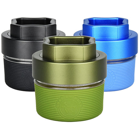 GOAT AITH v.1 Metal Herb Grinders in Black, Blue, and Green - Angled View