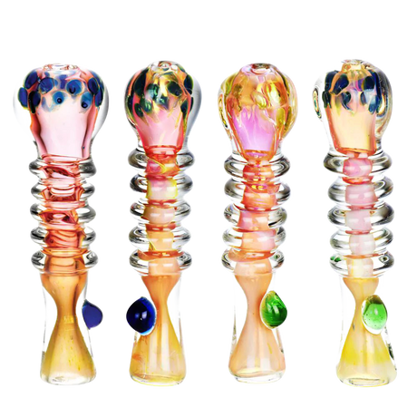 Gold Fume Banded Chillum Pipes with Marbles, Compact 3.5" Hand Pipes, Front View