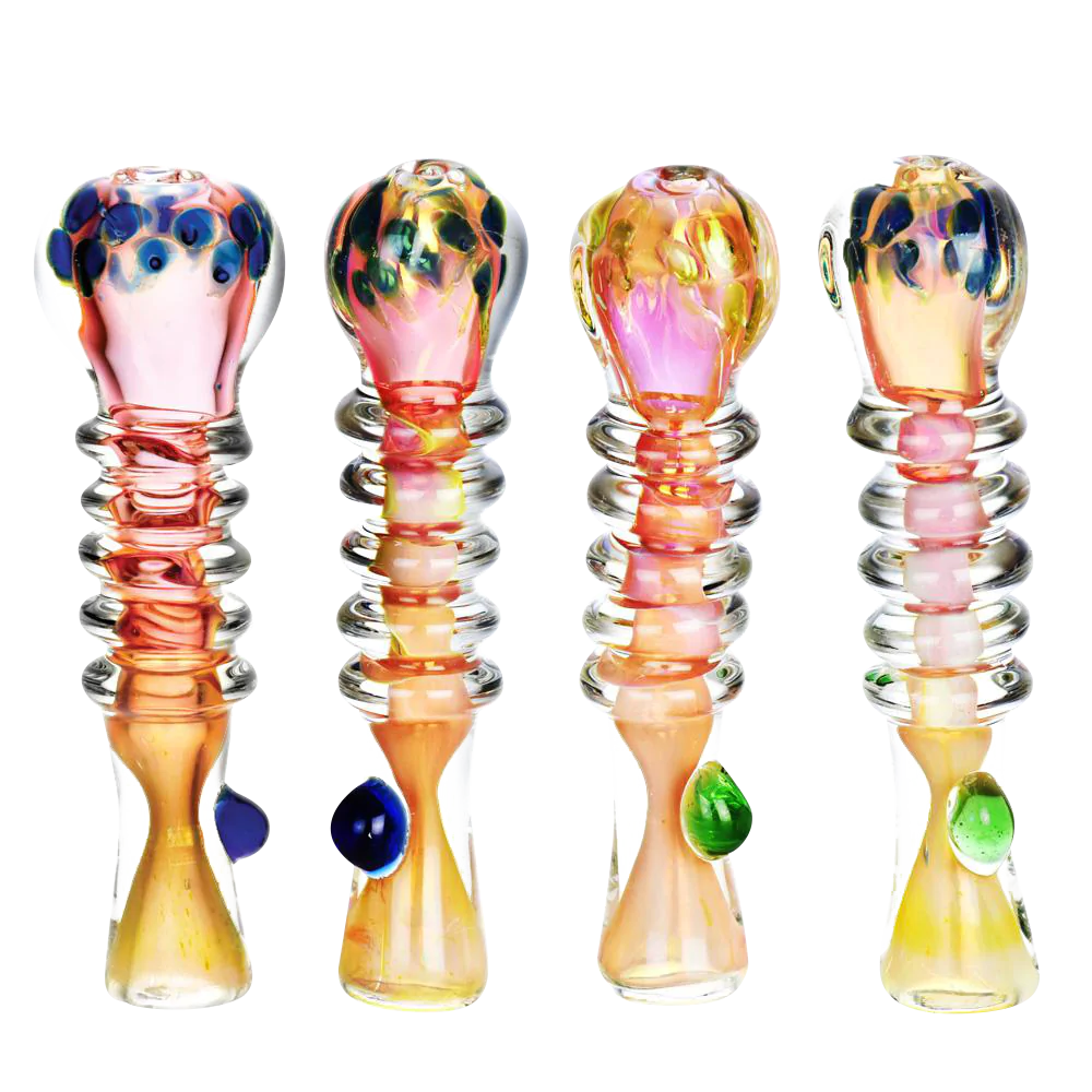 Gold Fume Banded Chillum with Marbles in Various Colors, Compact 3.5" Borosilicate Glass Pipes