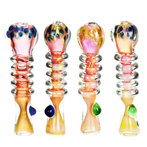 Gold Fume Banded Chillum with Marbles in Various Colors, Compact 3.5" Borosilicate Glass Pipes