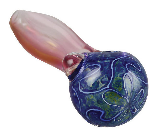 Gold Fumed Blue Headed Hand Pipe with Intricate Design, 4.5" Borosilicate Glass Spoon, Top View