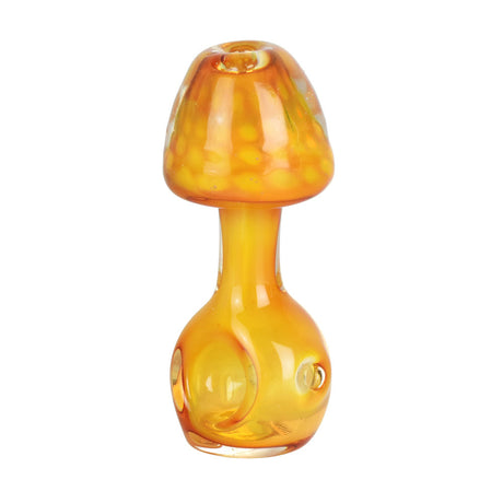 Golden Teacher Mushroom Borosilicate Glass Hand Pipe, Front View on White Background