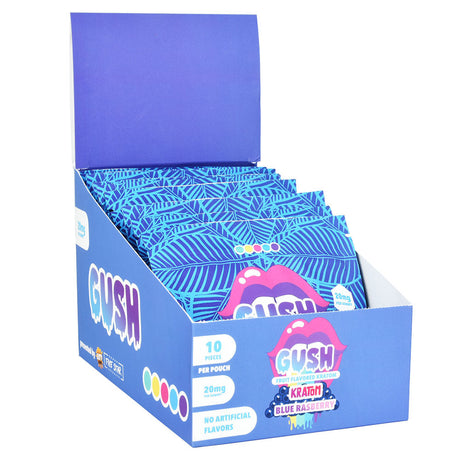 GOO'D Gush Kratom Gummies display box with 10 packs, 200mg CBD, Blue Raspberry flavor